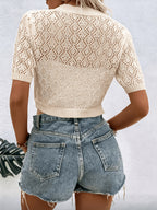 Women'S Crochet Short Cardigan, V-Neck Short Sleeve Button Crop Top, Casual Lightweight Hollow Out Summer Shrug - Apricot