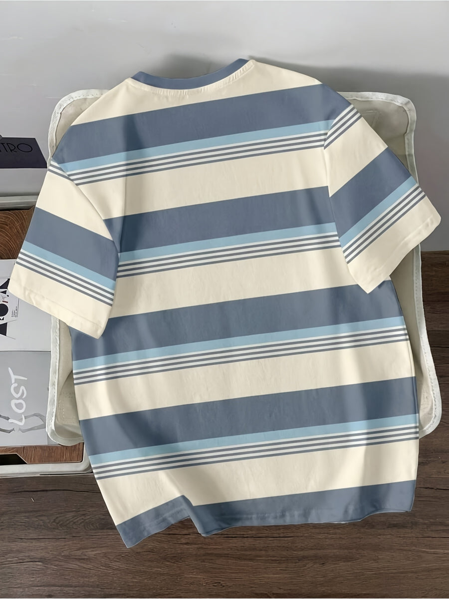 Men'S Casual Striped Cuff Patchwork Round Neck Summer T-Shirt, Comfortable And Breathable [Printed Design - Not Textured] - Mixed Color 9