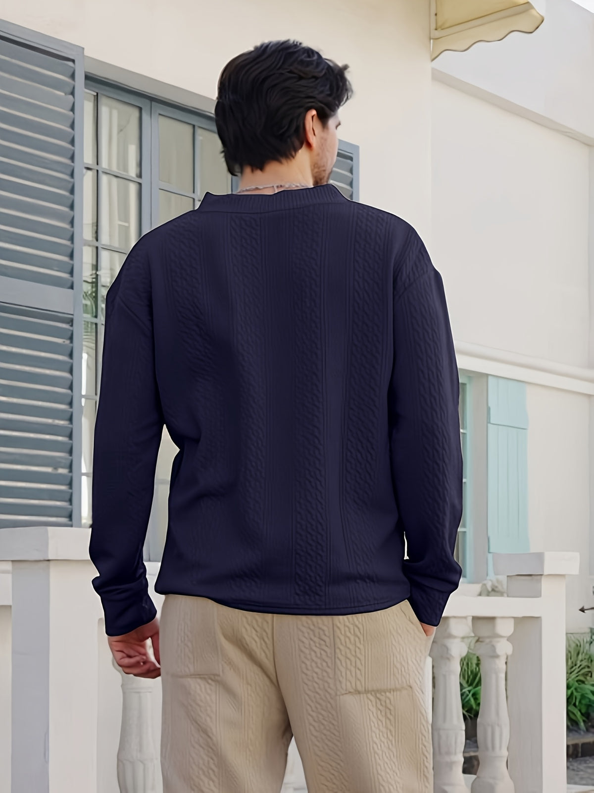Fall Winter Men'S Casual Cable Knit Pullover, V-Neck Long Sleeve Textured Sweater with Ribbed Neckline, Cuffs, And Hem, Relaxed Everyday Top for Business Casual, Weekend, Dinner, Vacation, Travel, And Outdoor Walks - Navy Color