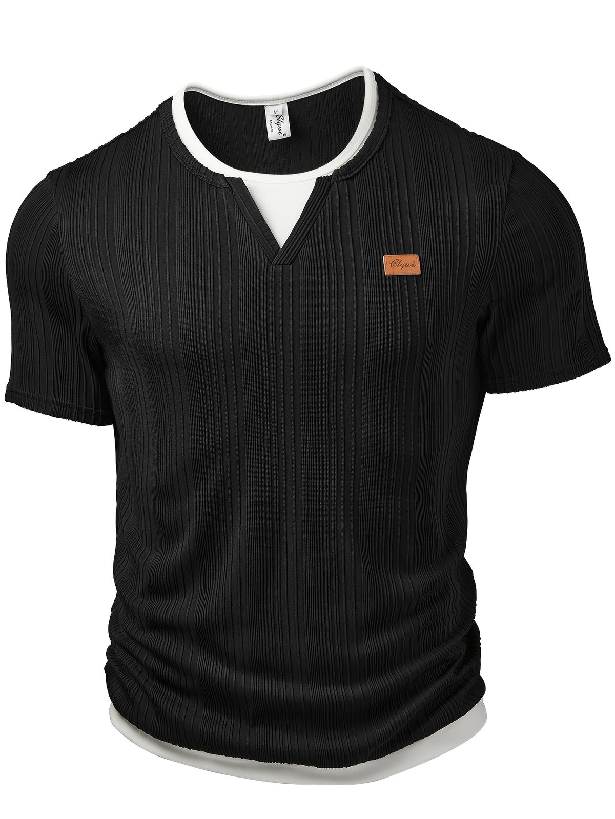 Men'S Fashion Men'S Clothing Tops Spring And Summer Outdoor Fashion Casual Texture Fabric Color-Blocking Stitching Round Neck Badge Decoration Short-Sleeved Men'S Henley Shirt - Black