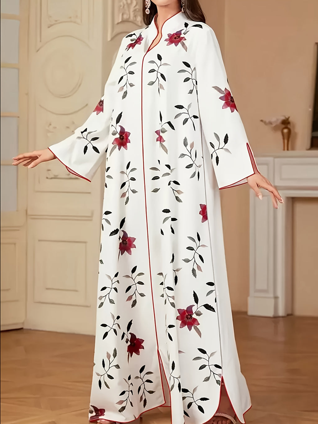Middle Eastern Special Women's Floral Print Long Sleeve Simple Casual Long Arab Kaftan, Elegant Turkish Robe - White