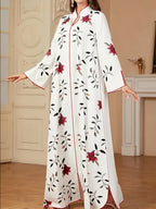 Middle Eastern Special Women's Floral Print Long Sleeve Simple Casual Long Arab Kaftan, Elegant Turkish Robe - White