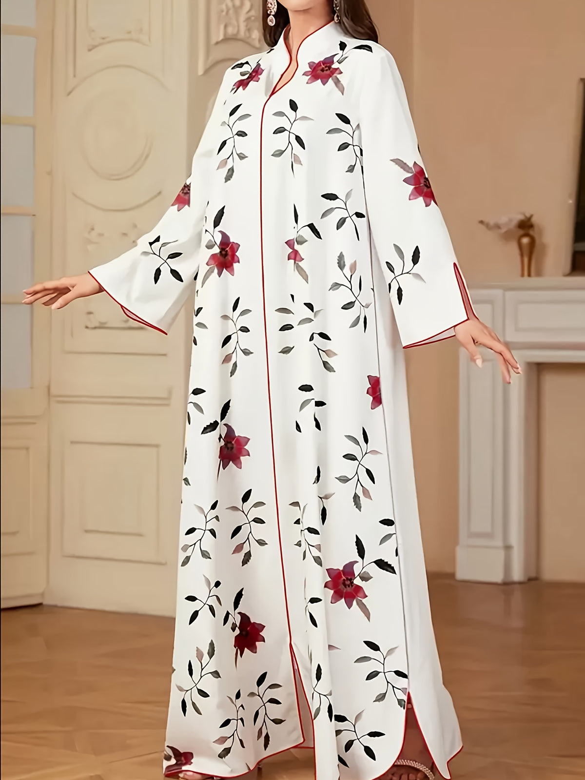 Middle Eastern Special Women's Floral Print Long Sleeve Simple Casual Long Arab Kaftan, Elegant Turkish Robe - White