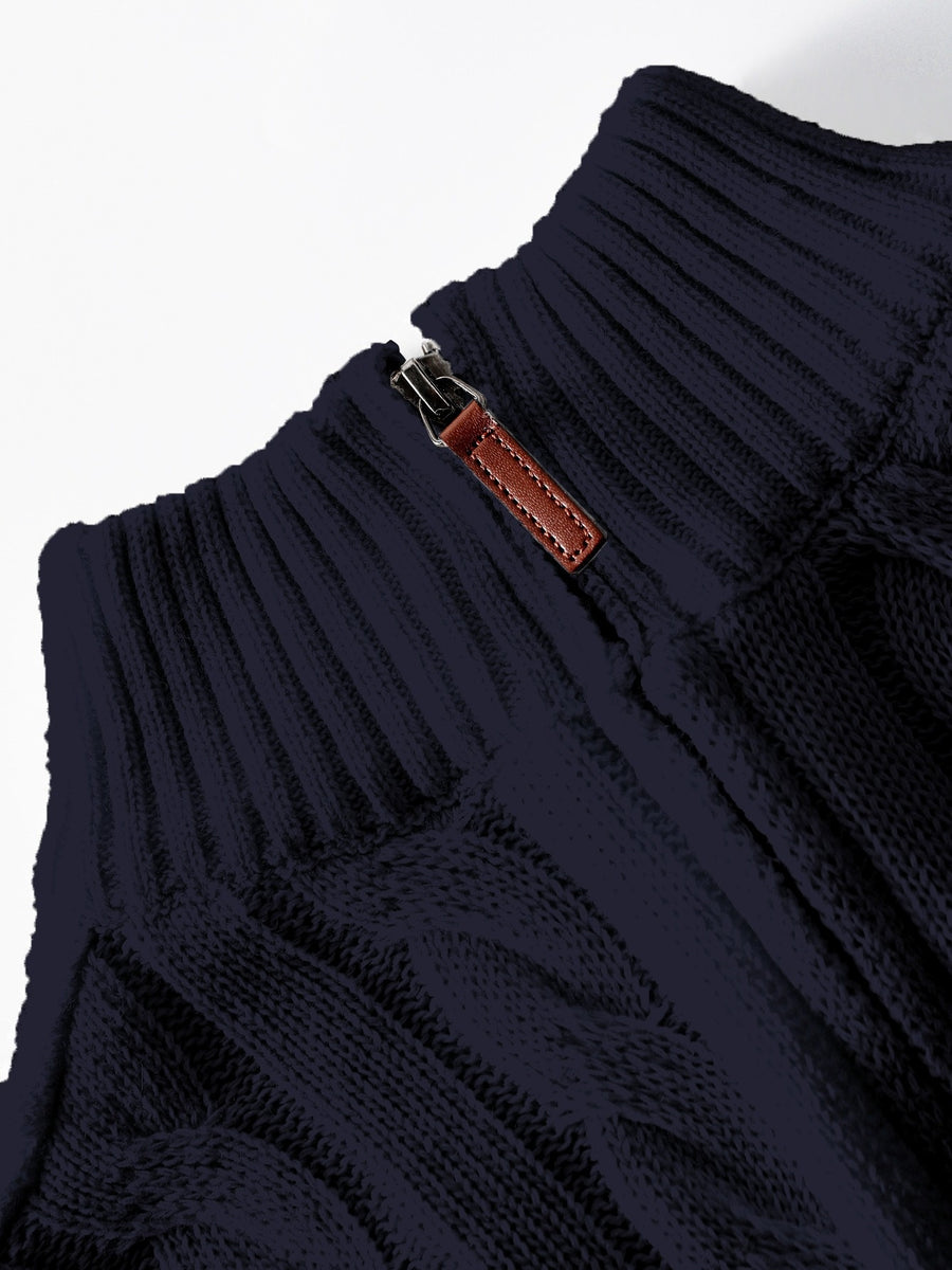 Men's Fashion High-Neck Zipper Twist Knit Sweater, Solid Color Versatile Pullover, Soft Medium-Stretch Fabric, Suitable for Autumn/Winter Office, Date Night, Casual Wear, Ideal as a Gift - Blue