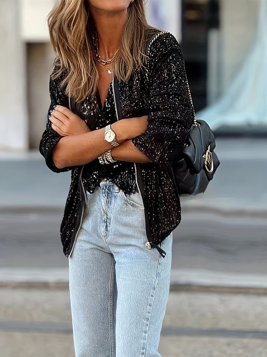 Sequin Decor Zip-up Jacket, Stylish Long Sleeve Jacket For Party & Club, Women's Clothing - Black