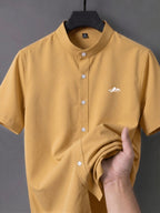 Men's Short-sleeve Shirt with Stand-up Collar/Henley Collar Design, Featuring Exquisite Peak-shaped Embroidery on the Chest - Yellowish-brown