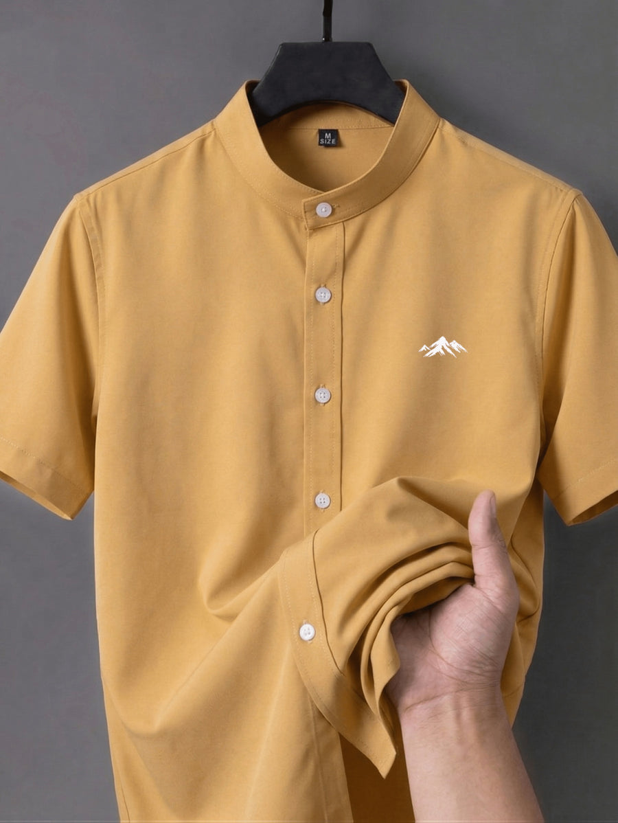 Men's Short-sleeve Shirt with Stand-up Collar/Henley Collar Design, Featuring Exquisite Peak-shaped Embroidery on the Chest - Yellowish-brown