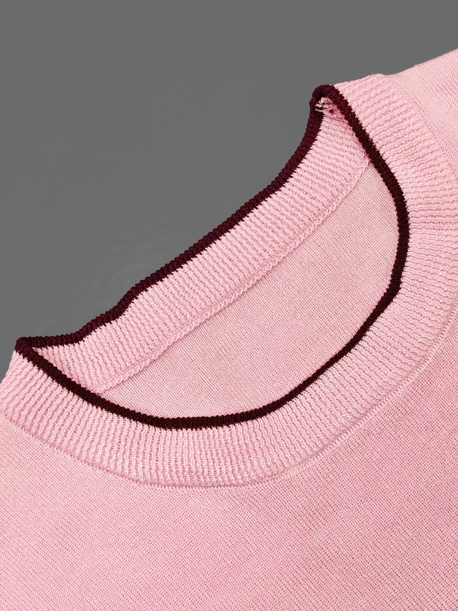 Popular New Spring/Summer Contrast Color Neckline and Cuffs Pullover Short-Sleeve T-Shirt, Ins-Style Simple and Fresh Fabric T-Shirt - Pink