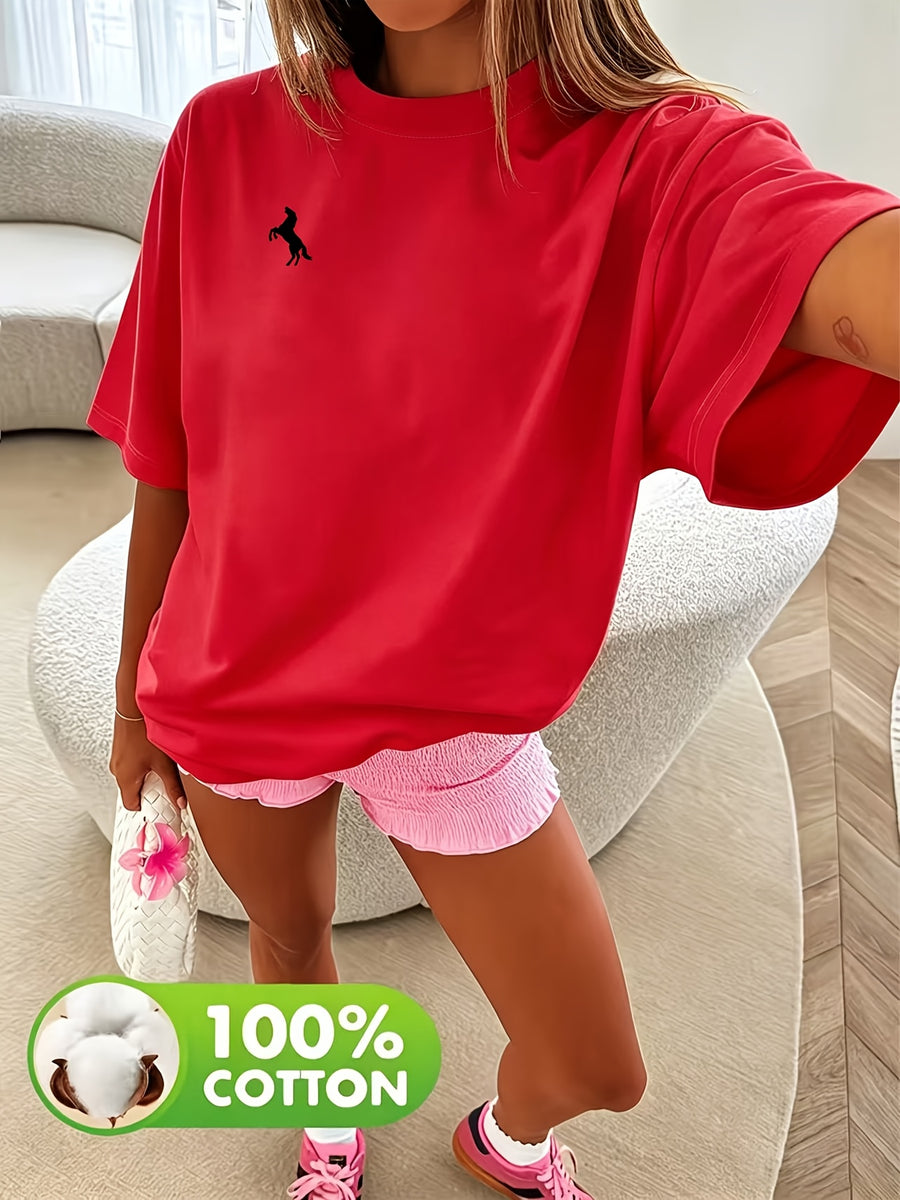 100% Women'S Round Neck Casual Summer Top, Breathable Spring/Summer/Fall T-Shirt (Machine Washable), Suitable for Casual Outfits, Women'S Pure Short Sleeve T-Shirt, Women'S Round Neck Top - Red