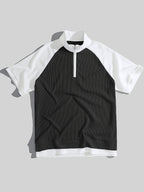 Men's Waffle Knit Half-Zip Polo Shirt, Loose Fit, Black and White Color Block Stand Collar Raglan Sleeve Short Sleeve Casual Top - Black