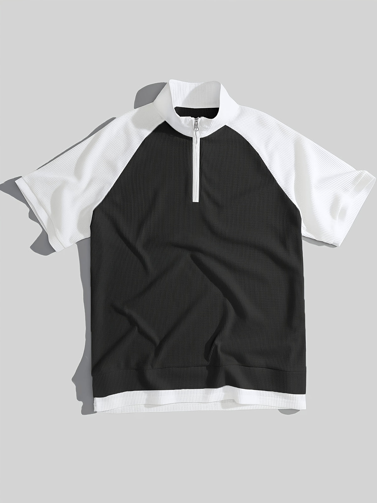 Men's Waffle Knit Half-Zip Polo Shirt, Loose Fit, Black and White Color Block Stand Collar Raglan Sleeve Short Sleeve Casual Top - Black