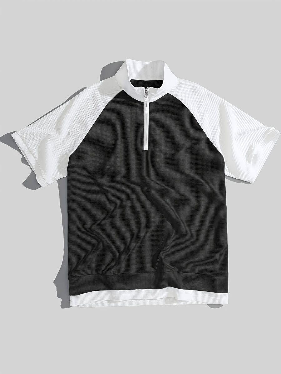 Men's Waffle Knit Half-Zip Polo Shirt, Loose Fit, Black and White Color Block Stand Collar Raglan Sleeve Short Sleeve Casual Top - Black