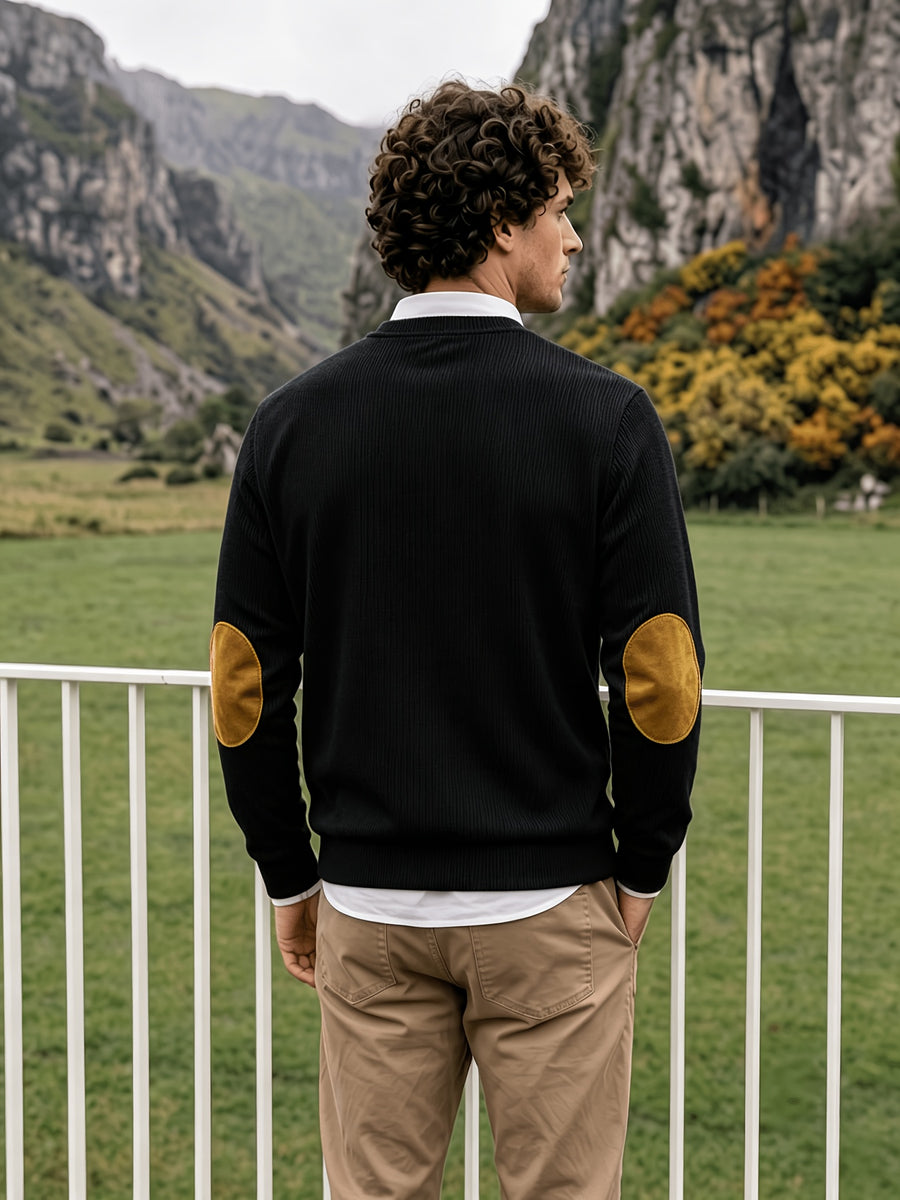 Men'S Corduroy Long-Sleeve Crew-Neck Pullover Leisure Work Outdoor Daily Wear Faux Collar Elbow Patches Design Loose Regular Fit Suitable for Spring, Autumn, And Winter Four Seasons Solid Color Minimalist Tone - Black