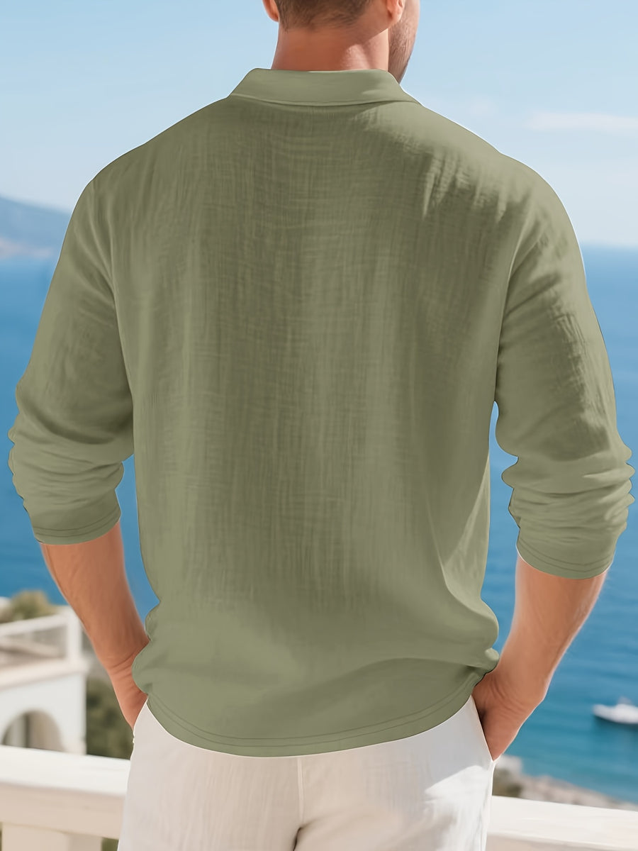 Men'S Textured Collar Button Polo Shirt, Regular Breathable Casual Outdoor Sports Versatile Top, 2pcs Set - Light Gray + Green
