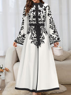 Women'S Elegant Long Sleeve Dress, Middle Eastern Style Maxi Dress, Long Sleeves, Belted Waist, Fabric, Machine Washable - Multicolor