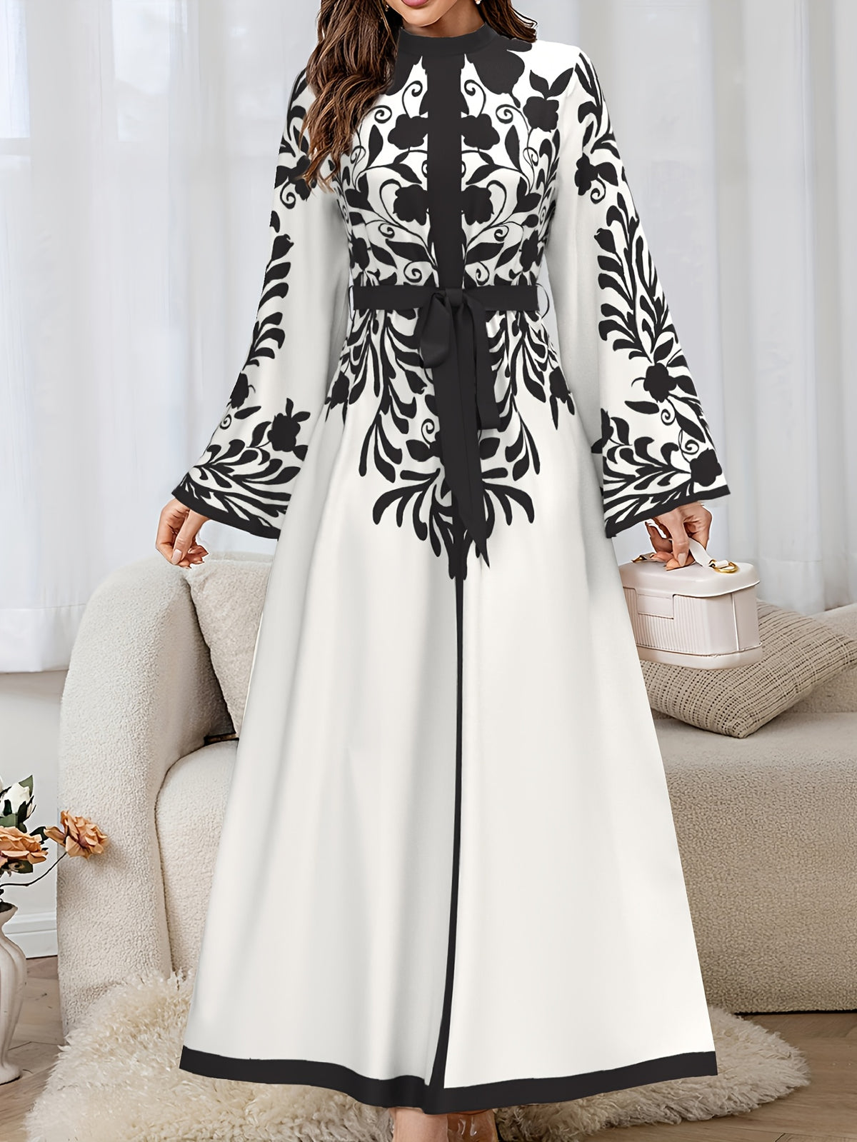 Women'S Elegant Long Sleeve Dress, Middle Eastern Style Maxi Dress, Long Sleeves, Belted Waist, Fabric, Machine Washable - Multicolor