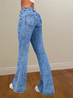 Blue Snowflake High Stretch Flare Leg Jeans | Elegant Long Length with Button Details, All-Season Fabric Denim Jeans - Medium Blue