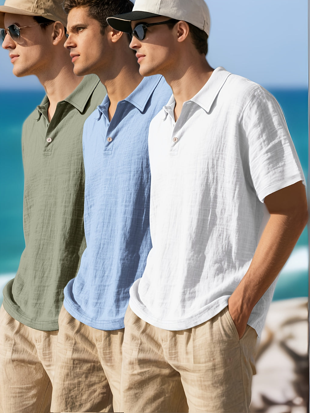 3pcs Men's Linen Shirts, Summer Lightweight Breathable Short Sleeve Sport Outdoor Solid Color Simple Style Casual Shirts - Blue Green White