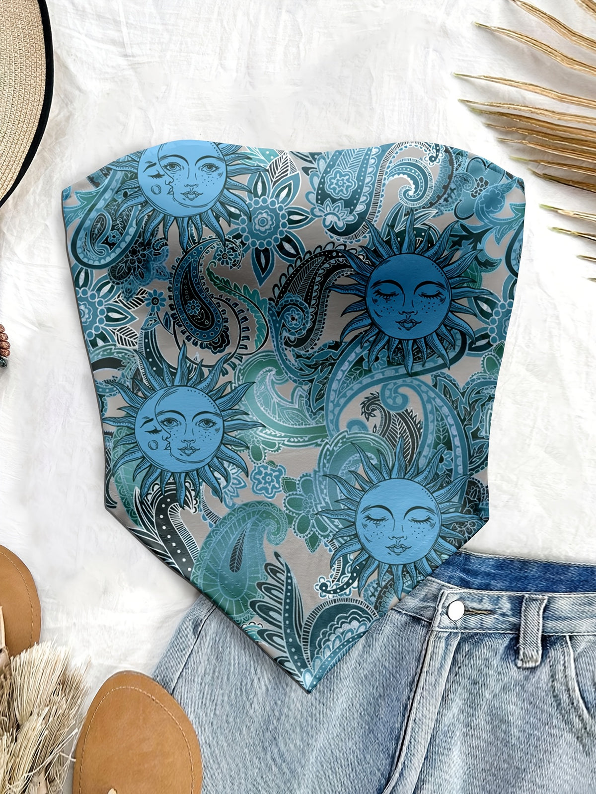 Women'S Spring/Summer New Brand Special Boho Beach Tropical Vacation Outfits | Retro Sun Pattern Print Slim Fit Bustier Crop Tops with Asymmetrical Bandeau Collar - Sea Blue