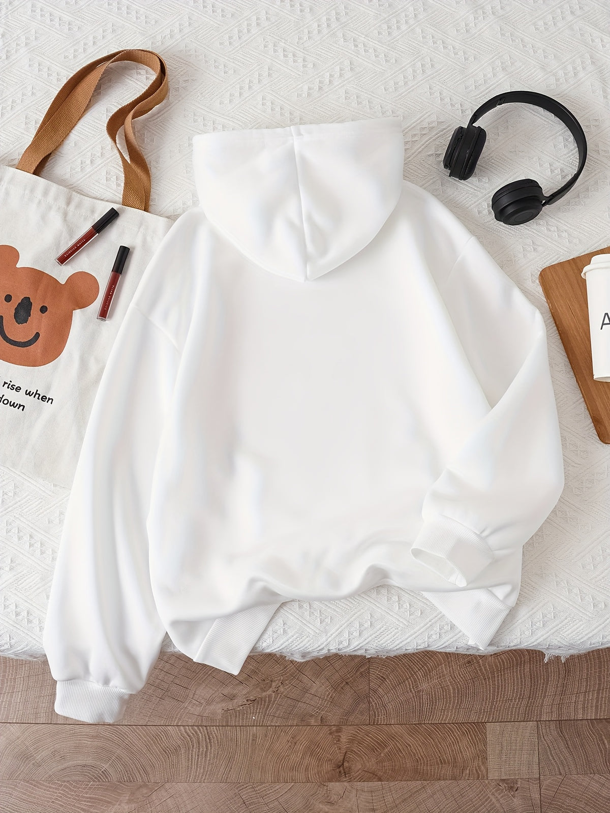 Letter Print Hooded Sweatshirt for Autumn And Winter, Women'S Clothing - White