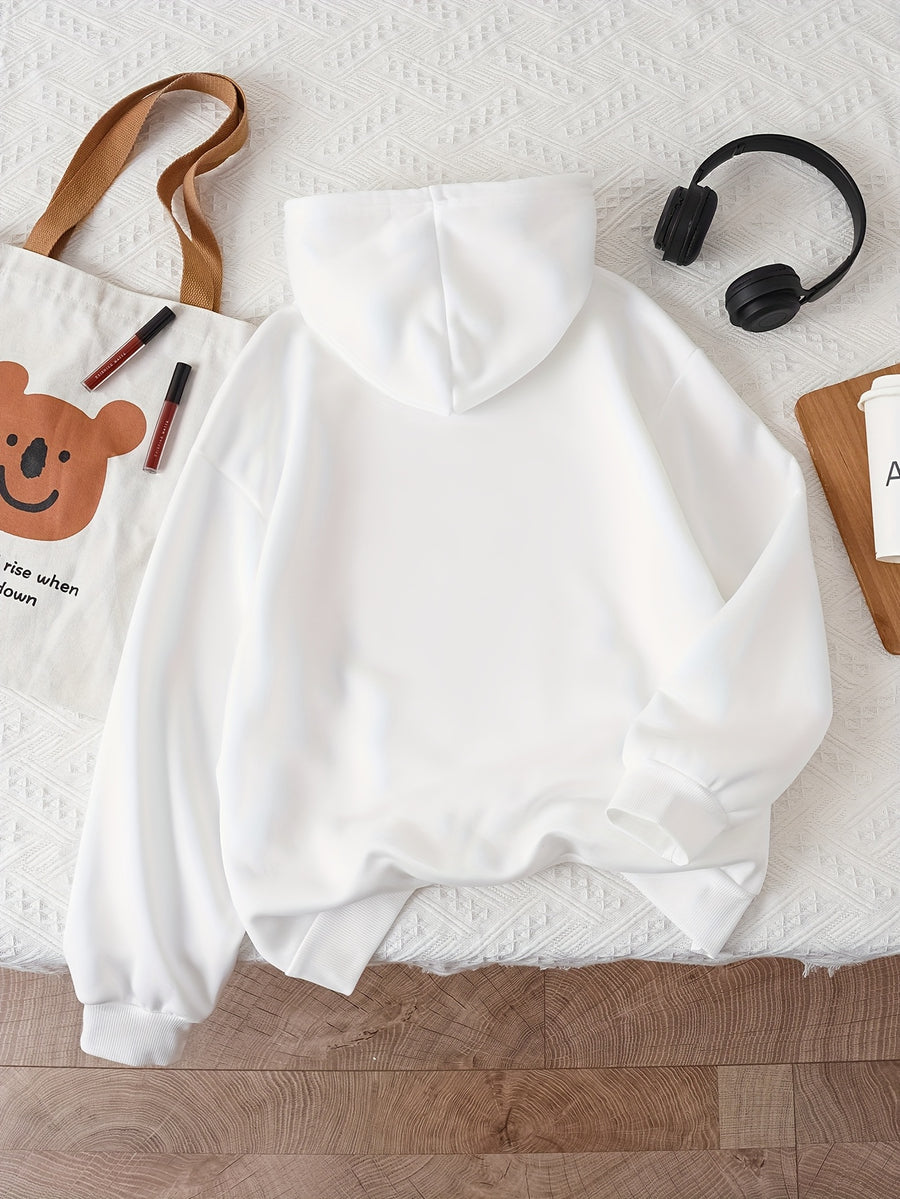 Letter Print Hooded Sweatshirt for Autumn And Winter, Women'S Clothing - White