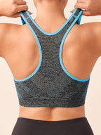 Plus Size Women'S Solid Color Wire-Free Front Zip Sports Bra, Gathering Fit Comfortable Breathable Casual Athletic Style, Suitable for Running, Fitness, Yoga, Outdoor Activities, And All Seasons - Blue