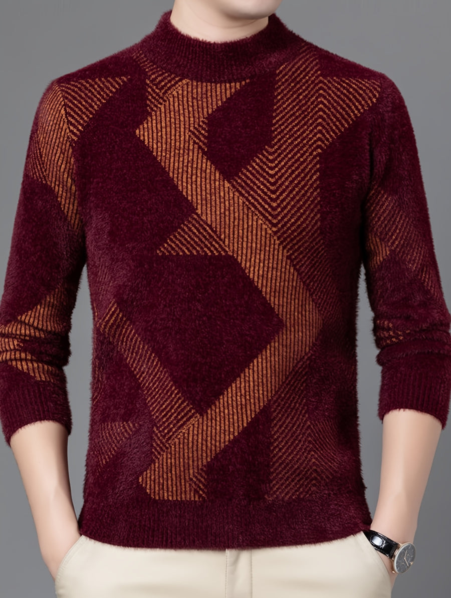 Autumn Winter Men'S Semi-High Neck Sweater, Geometric Diamond Thick Knitwear for Middle-Aged Casual Warm Base Layer - Burgundy
