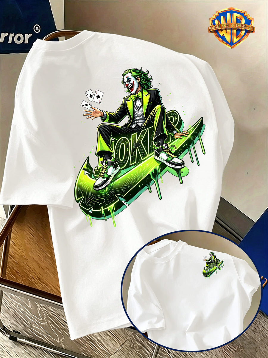 Warner Bros. Official Licensed Men'S Short Sleeve T-Shirt, DC Authentic Cyber Trendy Joker Print, American Retro Street Style Design, Spring/Summer Top, Regular Fit, Suitable for Outdoor, Fitness, Office, And Casual Wear - White