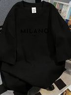 American Vintage Short-Sleeve T-Shirt with Letter Print from Milano, Italy, Featuring a Minimalist Ins Style, Loose Fit, Casual Top for Women, Perfect for High Street And Versatile Fashion - Black