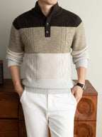 [Whale-Crossing Lan OBM] 1pc Autumn/Winter New Thickened Men'S Knit Pullover Sweater, Old Money Style Color-Block Stand Collar Half-Button Long Sleeve Knit Pullover for Men, Business Casual Fashion Sweater Suitable for Spring, Autumn - Coffee Color