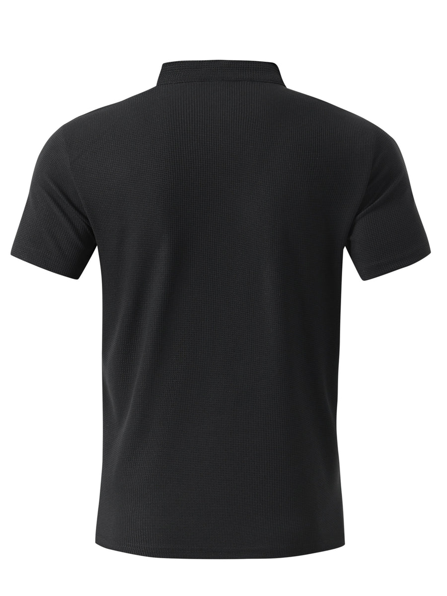 Breathable Fabric Summer Men'S Waffle Skinny Short Sleeve American Oversized Casual V-Neck Tie-Up T-Shirt - Black