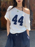 Women'S Casual Off-Shoulder Short Sleeve Number Print Pattern T-Shirt, Slouchy Casual Short Sleeve, Regular Loose Summer Short Sleeve Top - White