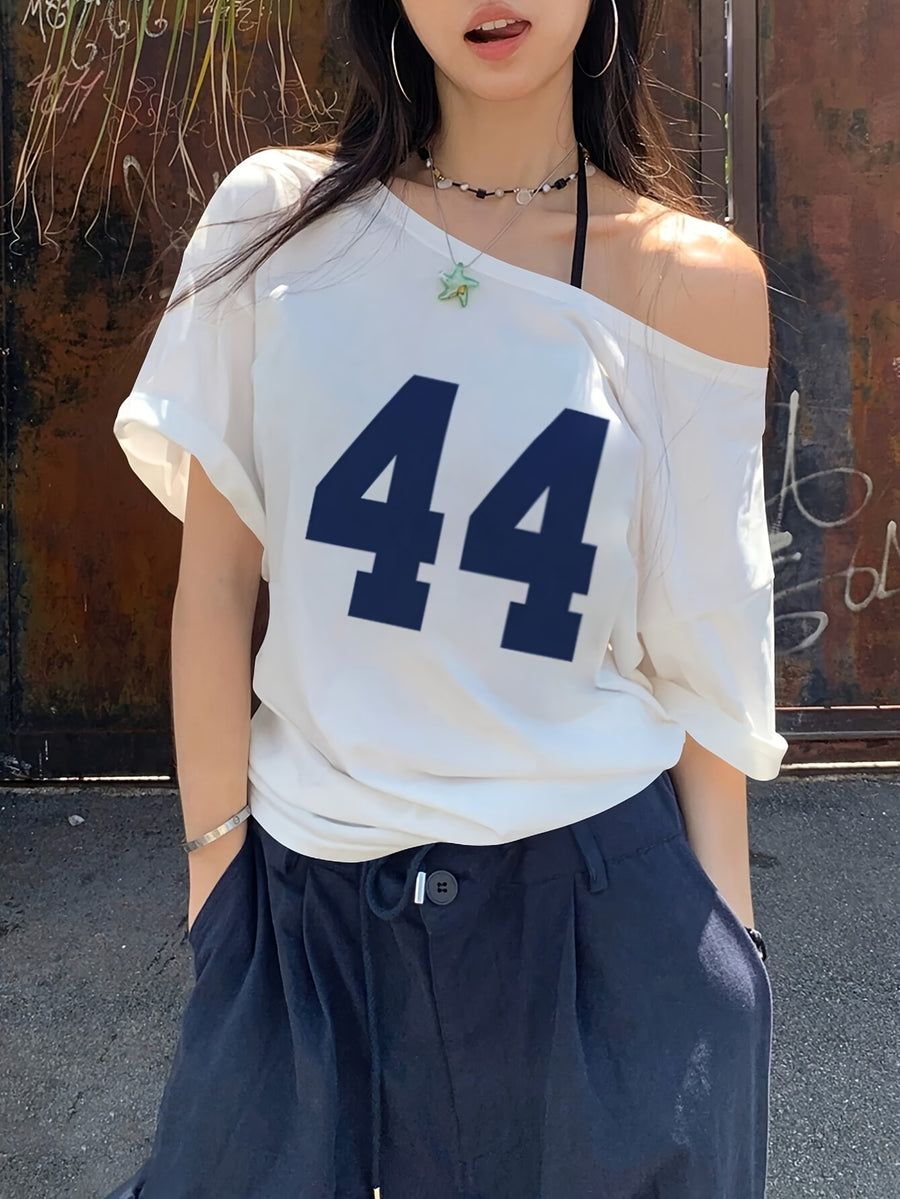Women'S Casual Off-Shoulder Short Sleeve Number Print Pattern T-Shirt, Slouchy Casual Short Sleeve, Regular Loose Summer Short Sleeve Top - White