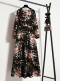 Bohemian Print Casual Party Long Dress with Ruffle Hem, Round Neck, Elastic Waist, and A-Line Silhouette - Black
