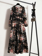 Bohemian Print Casual Party Long Dress with Ruffle Hem, Round Neck, Elastic Waist, and A-Line Silhouette - Black