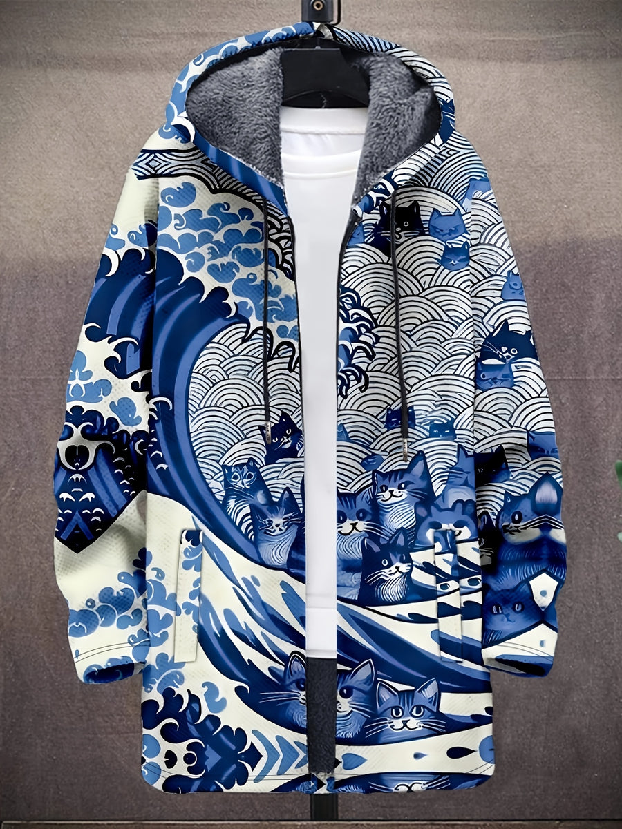 Vintage Japanese Art Wave Pattern Printed Fashion Men's Plush Thick Long-Sleeved Cardigan Coat Winter Warm Zipper Hooded Coat - Royal Blue
