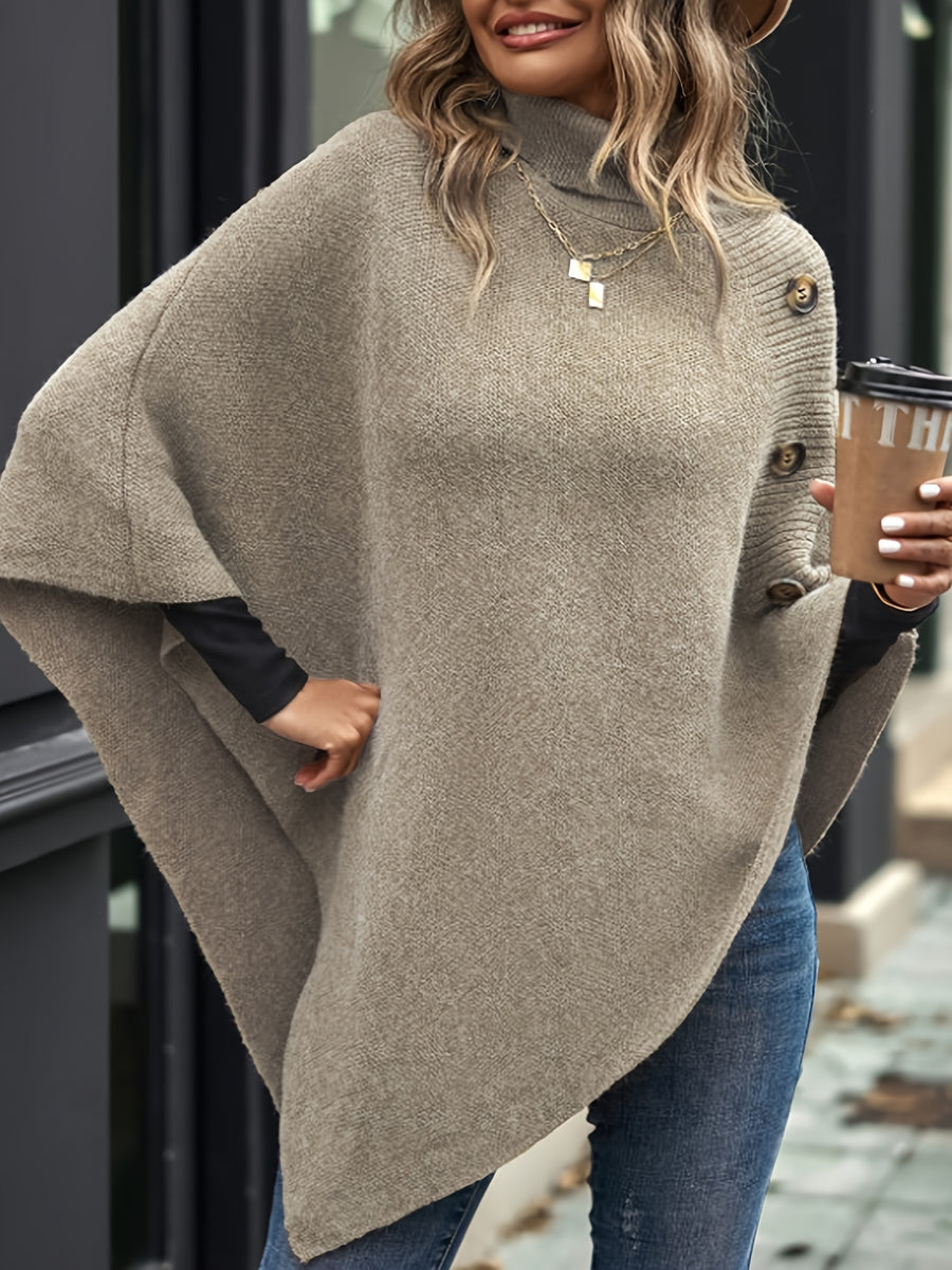 Elegant Special "Slim Fit Bust" 1 Elegant Women's Solid Color High-neck Shawl Pullover, Side Faux Button Decoration, Asymmetrical Design, 100% Polyester, Fashionable and Elegant Vintage Ethnic Style Pullover, Suitable for Spring, Autumn, and Winter - Apricot