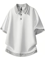 Men's Summer Color-Block Striped Patchwork 2-in-1 Look Polo Shirt, Unisex Loose Fit Tummy Control Draped Casual Short Sleeve T-Shirt - White