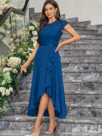 Global Latest Style French Christmas Exclusive Women'S Wear Elegant Dress Slim Lace Hollow Out Patchwork Solid Color No Print Wedding Guest Outfit Short Sleeve Round Neck Dress - Royal Blue