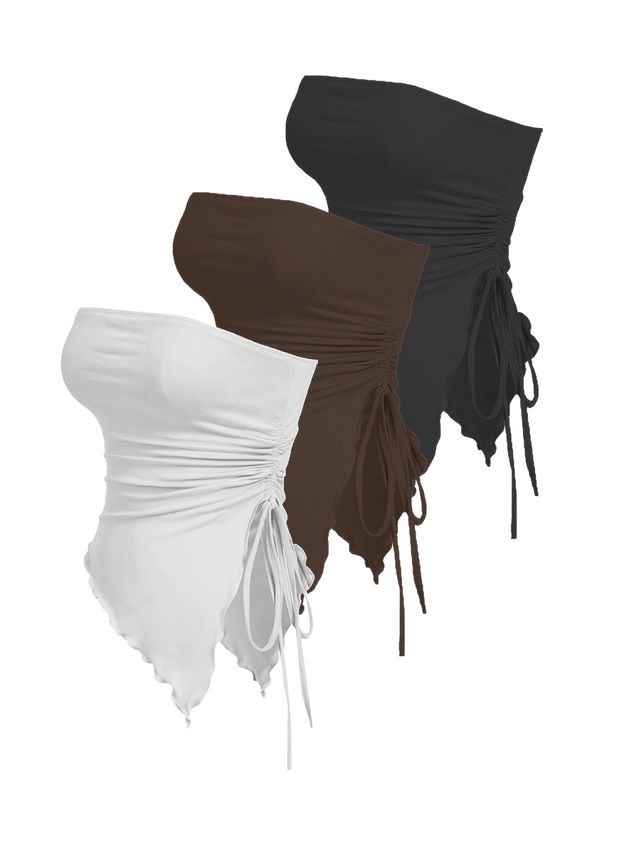 Women'S 3-Pack Strapless Top Drawstring Side Ruched Asymmetrical Tube Tops - Black/Brown/White