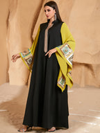 Women'S Spring Summer Fashion Sequin Appliqué Patchwork Ribbon V-Neck Contrast Loose Long Sleeve Arab Banquet Dress - Black