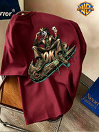 Warner Bros. Official Licensed Men'S Short Sleeve T-Shirt, DC Genuine Mechanical Gear Joker JOKER Print Design, Double-Sided Retro Industrial Style Print, American Retro Streetwear Trendy Style, Spring/Summer Top, Regular Fit, Suitable for Outdoor - Burgundy