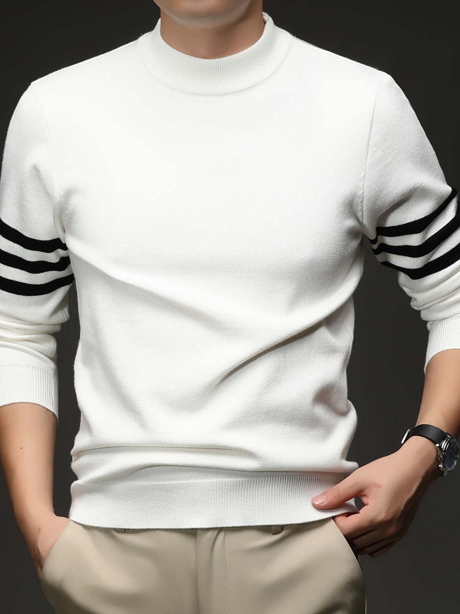 [Wading Whale OBM] 1pc Autumn Winter New Men'S Knit Pullover Sweater, Old Money Style Contrast Striped Round Neck Long Sleeve Knit Sweater for Men, Business Casual Fashion Striped Sweater, Suitable for Spring, Autumn, Winter Layering Or Inner Wear - White