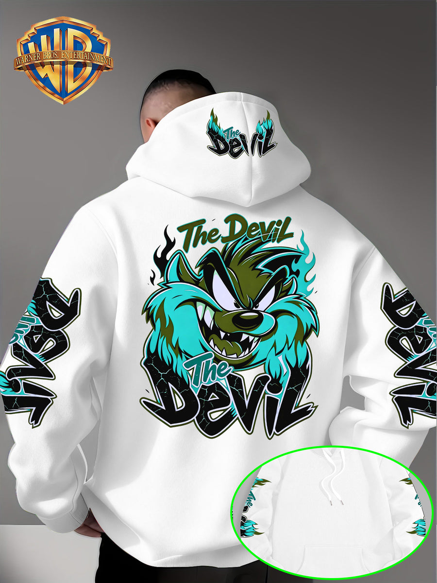 Le Yitong Big Mouth Monster The Devil Flame Print Hoodie, with Sleeve Print Design, Kangaroo Pouch And Drawstring Hood, Suitable for Autumn/Winter Casual Wear And Outdoor Activities - White
