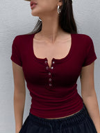 Women's Solid Color Low-Neck Short Sleeve - Burgundy