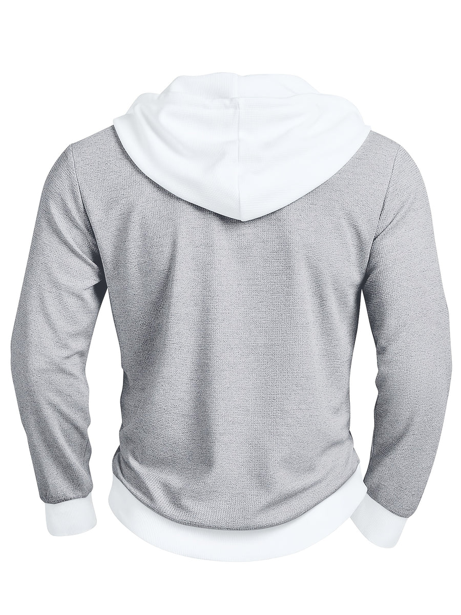 Men'S Casual Sweater Long-Sleeve Outdoor Stitching Hooded Contrast Color Half-Open Placket Design Fashionable Spring And Autumn Henry Hoodie - Grey