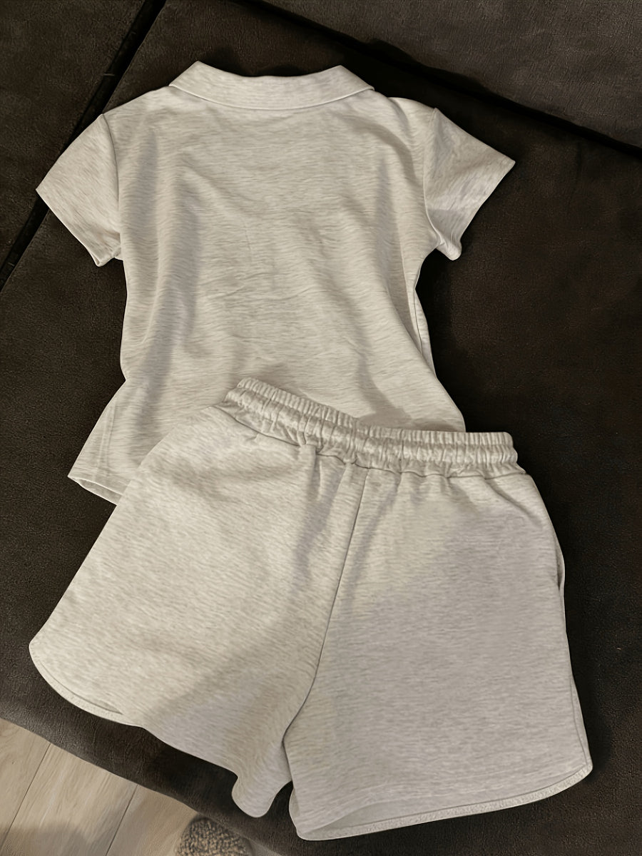 Women'S Easy Spring Summer Casual Set, Embroidered Pattern - Grey