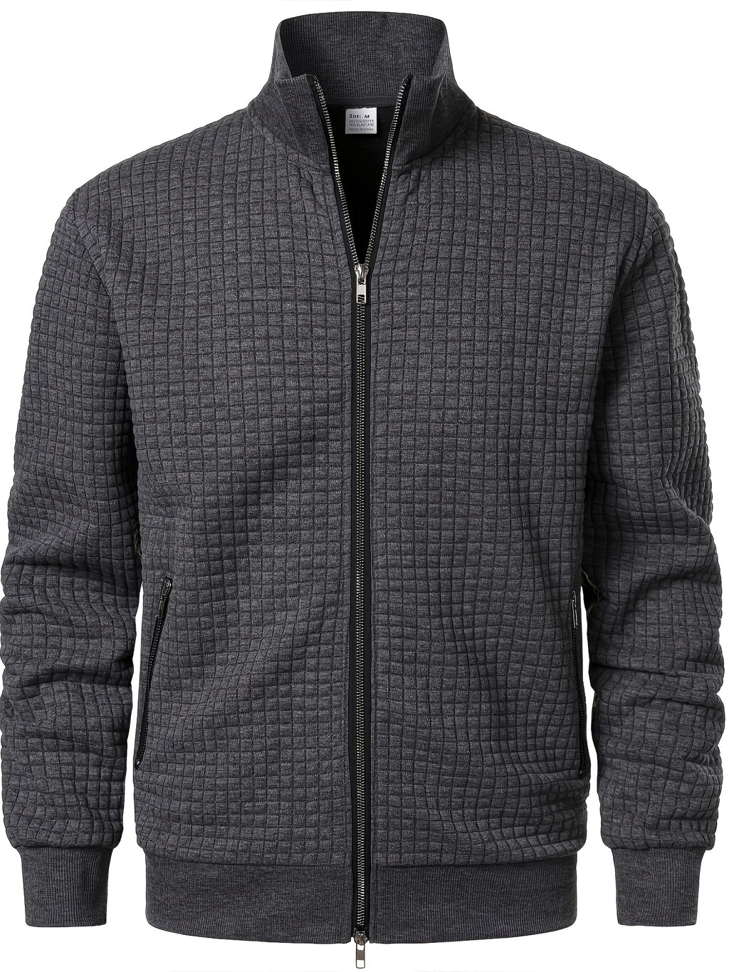 Spring/Autumn New Men's Solid Color Lapel Waffle Knit Long Sleeve Zipper Jacket, Comfortable and Breathable Outdoor Sports Men's Outerwear, Practical Jacket - Grey