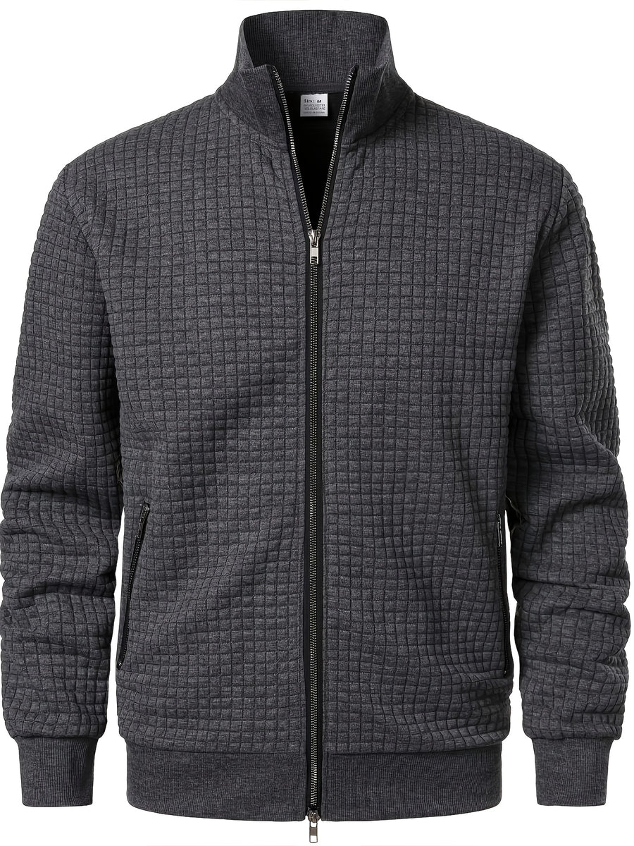 Spring/Autumn New Men's Solid Color Lapel Waffle Knit Long Sleeve Zipper Jacket, Comfortable and Breathable Outdoor Sports Men's Outerwear, Practical Jacket - Grey