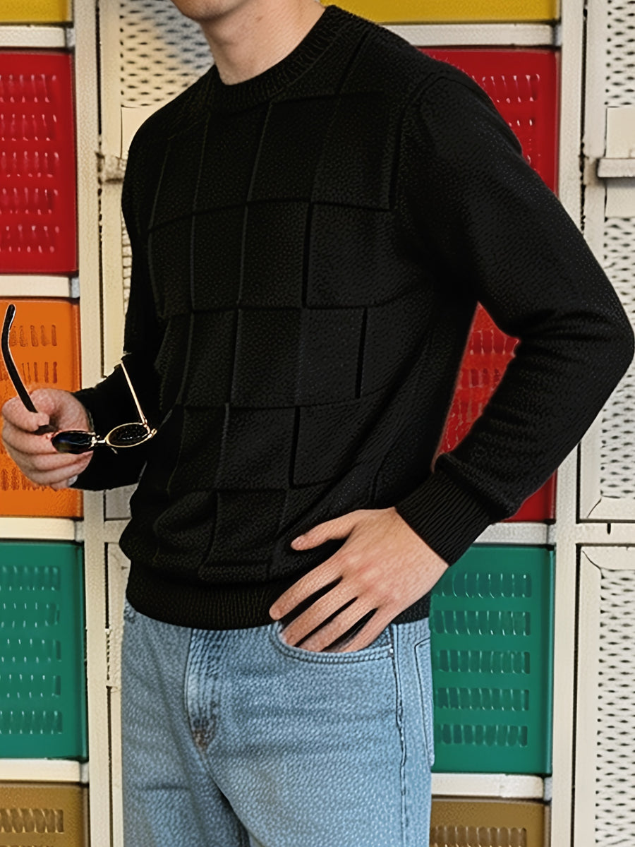 Men'S Round Neck Plaid Textured Knit Sweater, Long Sleeve Soft Lightweight Pullover, Suitable for Business Casual Wear - Black